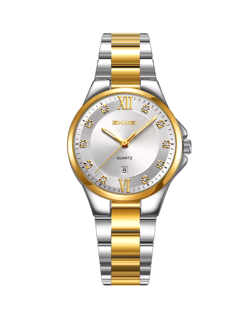 SKMEI 9409 Luxury Simple Silver Dial Analog Women Gold & Silver Stainless Steel Quartz Watch
