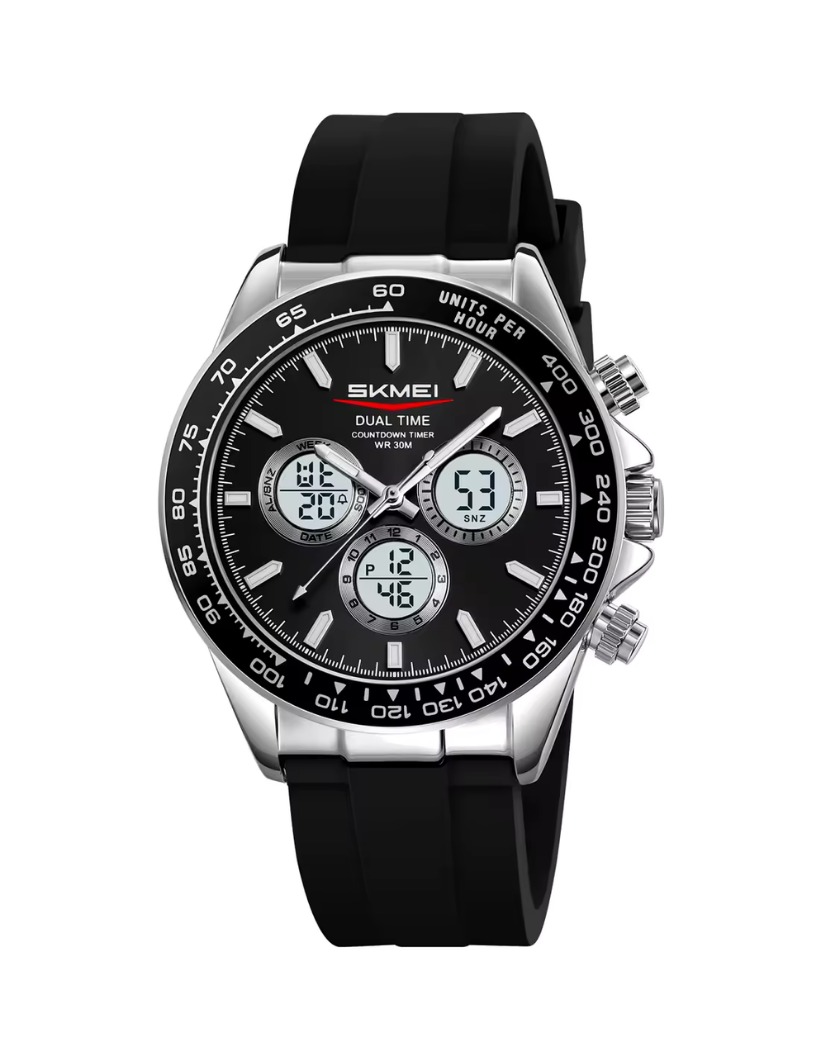SKMEI 2505 Men's Watches Black & Silver Multi Functional Date Luxury Waterproof Silicone Steel Sports Analog Digital Watch