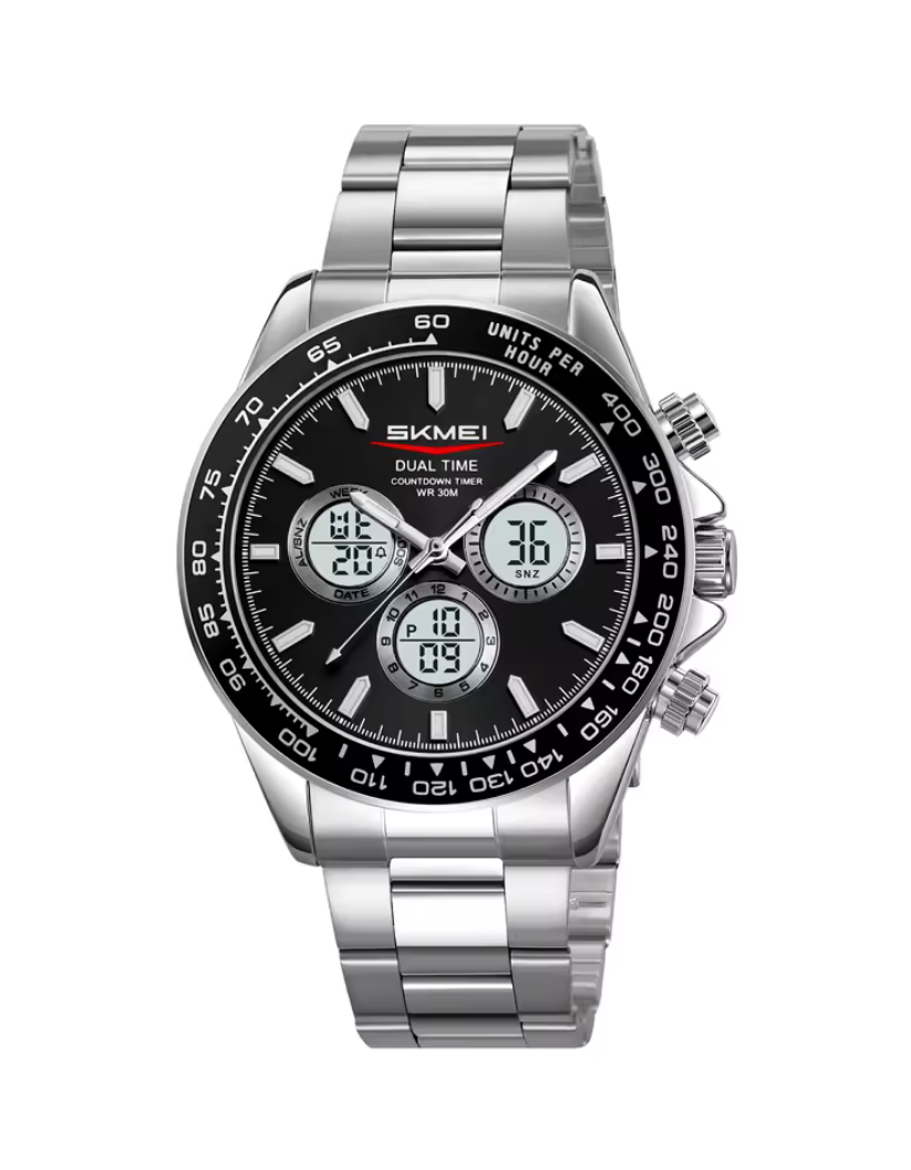 SKMEI 2505 Men's Watches Black & Silver Combination Multi Functional Date Luxury Waterproof Silicone Strap Sports Digital Watch