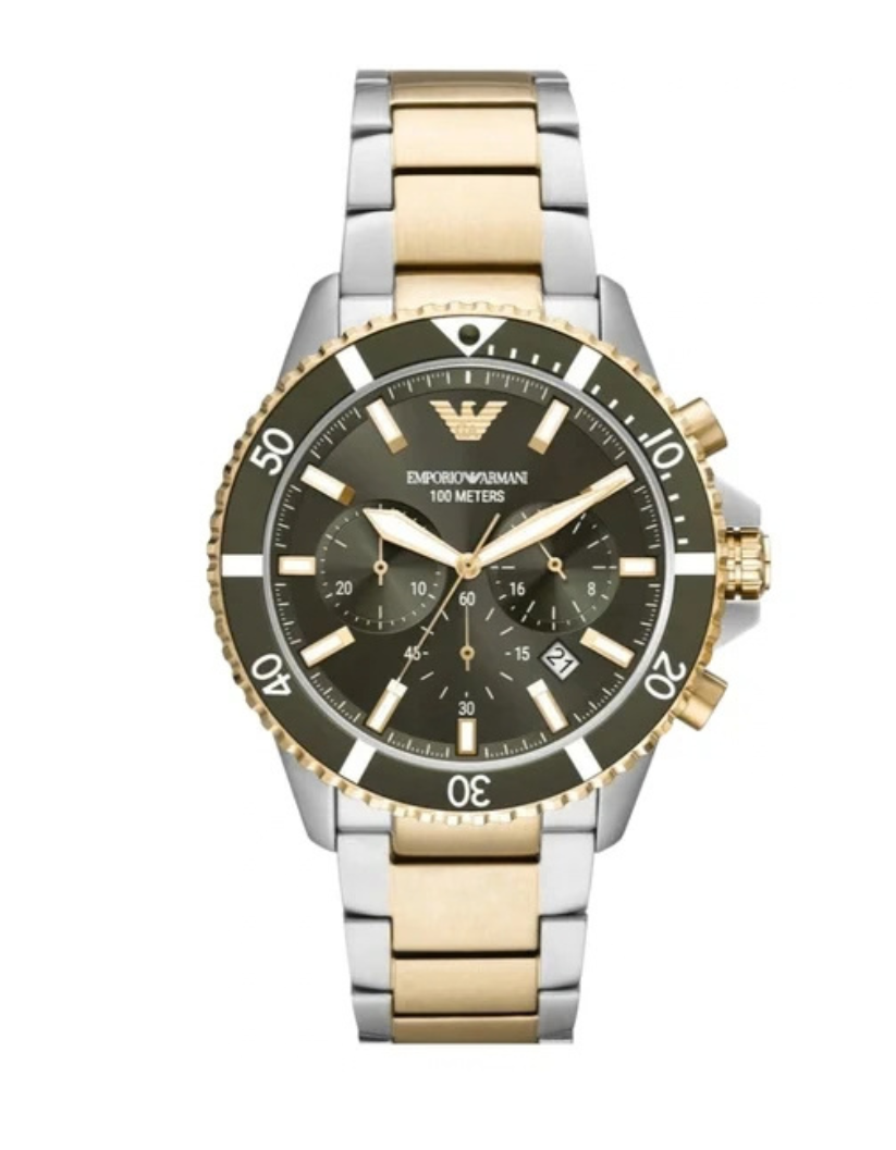 EMPORIO ARMANI Diver Two-Tone Stainless Steel Green Dial Chronograph Quartz Watch for Gents - AR 11361