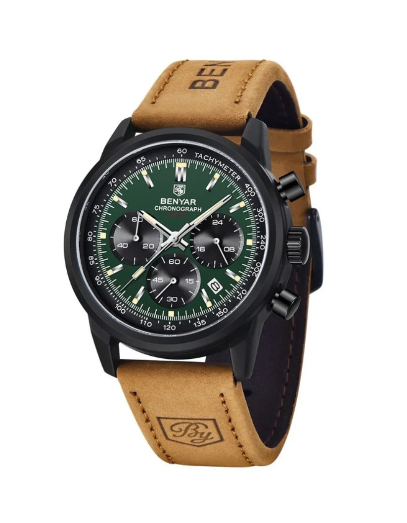 BENYAR Men, Genuine Leather Strap Watches, Perfect Quartz Movement, Waterproof and Scratch Resistant, Analog Chronograph BY-5188