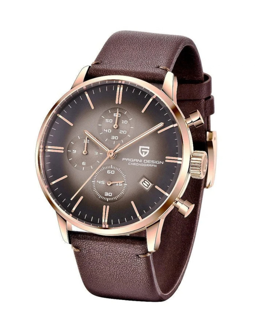Pagani Design Chocolate Brown Strap Rose Black Dial Chronograph Quartz Watch for Gents - PD2720K