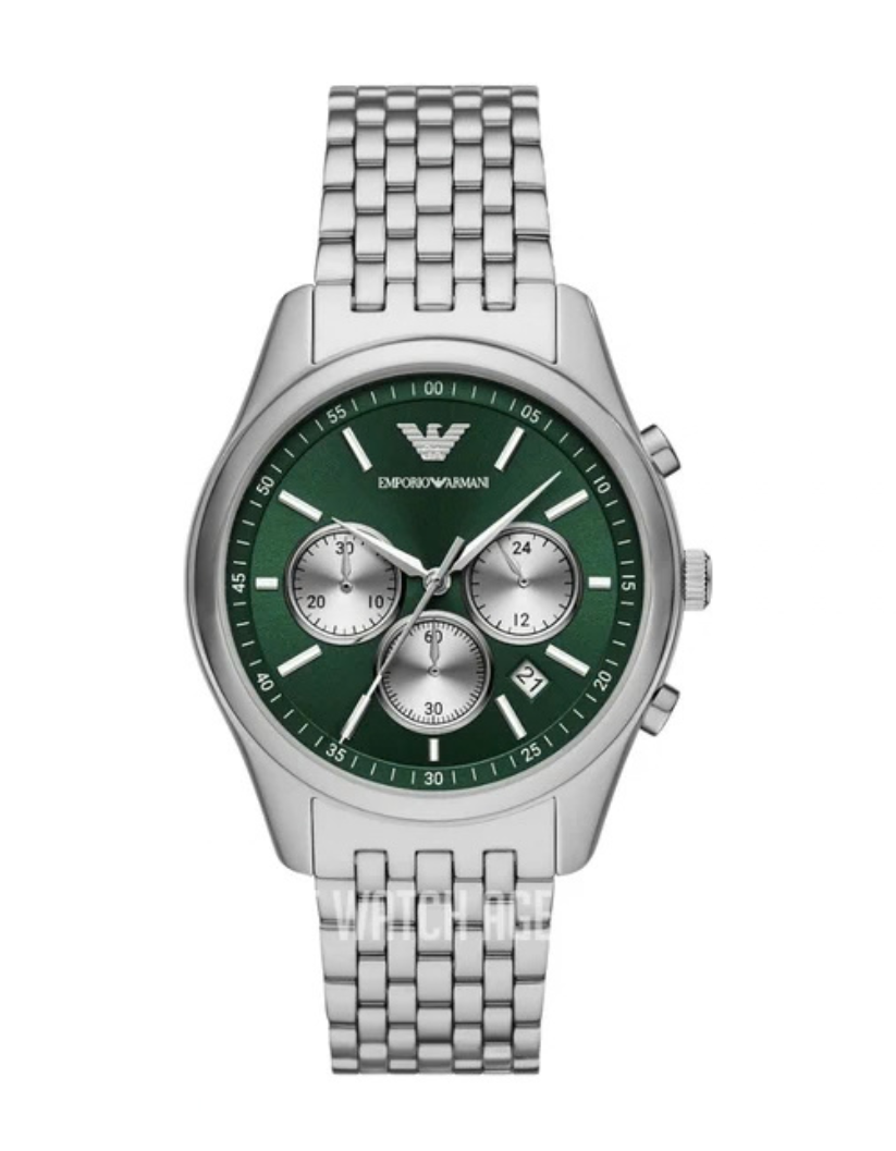 EMPORIO ARMANI Antonio Silver Stainless Steel Green Dial Chronograph Quartz Watch for Gents - A11581