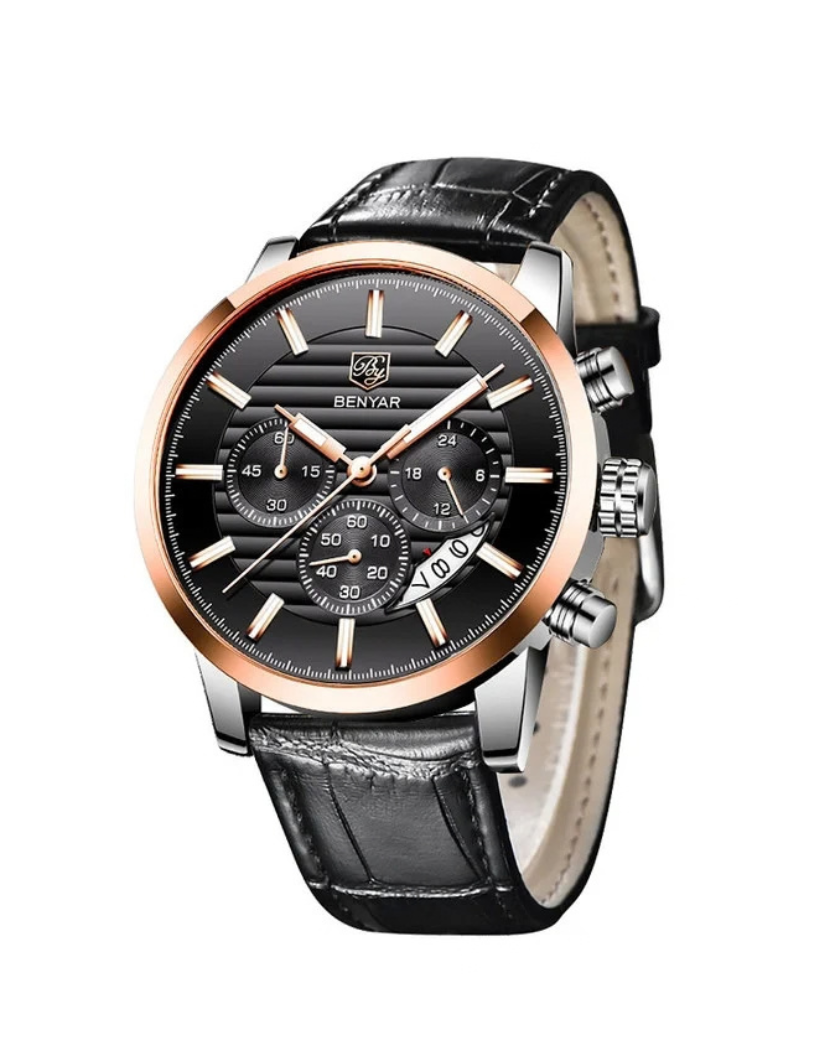 BENYAR Men's Sports Chronograph Quartz Watch Leather& Stainless Steel Strap Waterproof Business Watches BY-5104