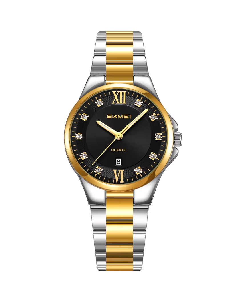 SKMEI 9409 Luxury Simple Black Dial Analog Women Silver & Gold  Stainless Steel Quartz Watch