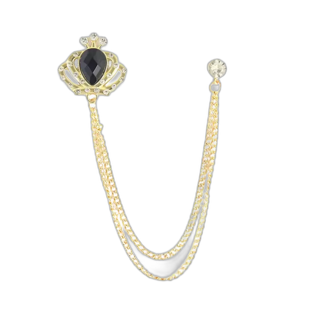 Golden Crown Brooch with Black Stone & Chain