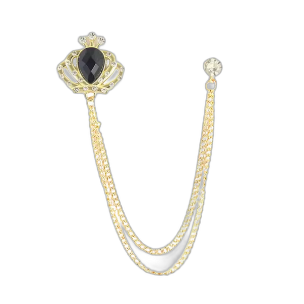 Golden Crown Brooch with Black Stone & Chain