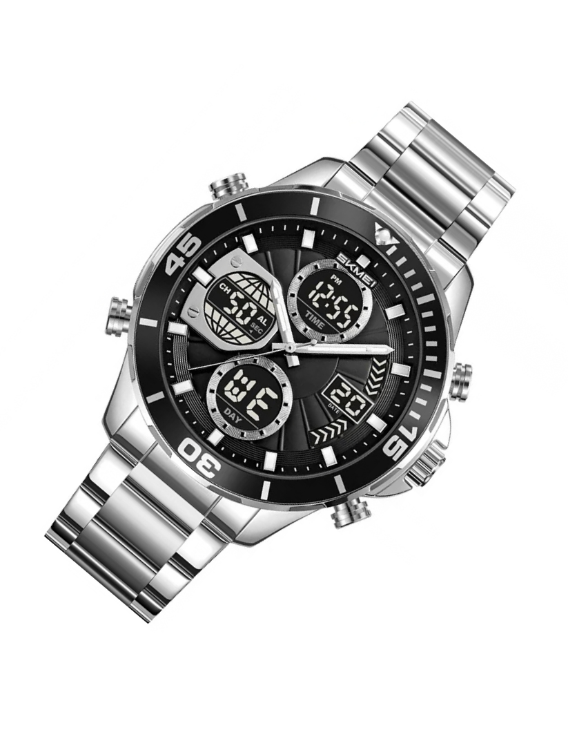 Skmei 2621 Men’s Analog Digital Watch Dual Time Countdown Stopwatch Alarm Stainless Steel