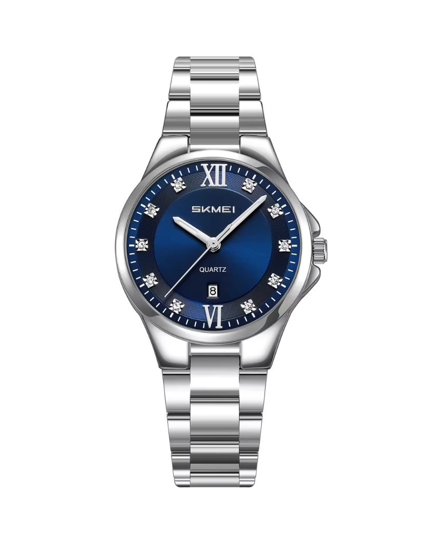 SKMEI 9409 Luxury Simple Blue Dial Analog Women Silver Stainless Steel Quartz Watch
