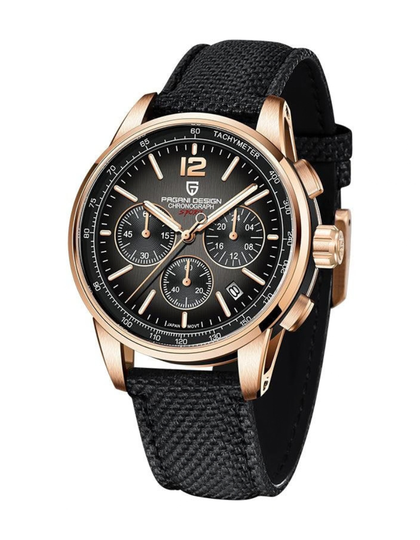 Pagani Design Black Leather Strap Black Dial Chronograph Quartz Watch for Gents - PDYS008