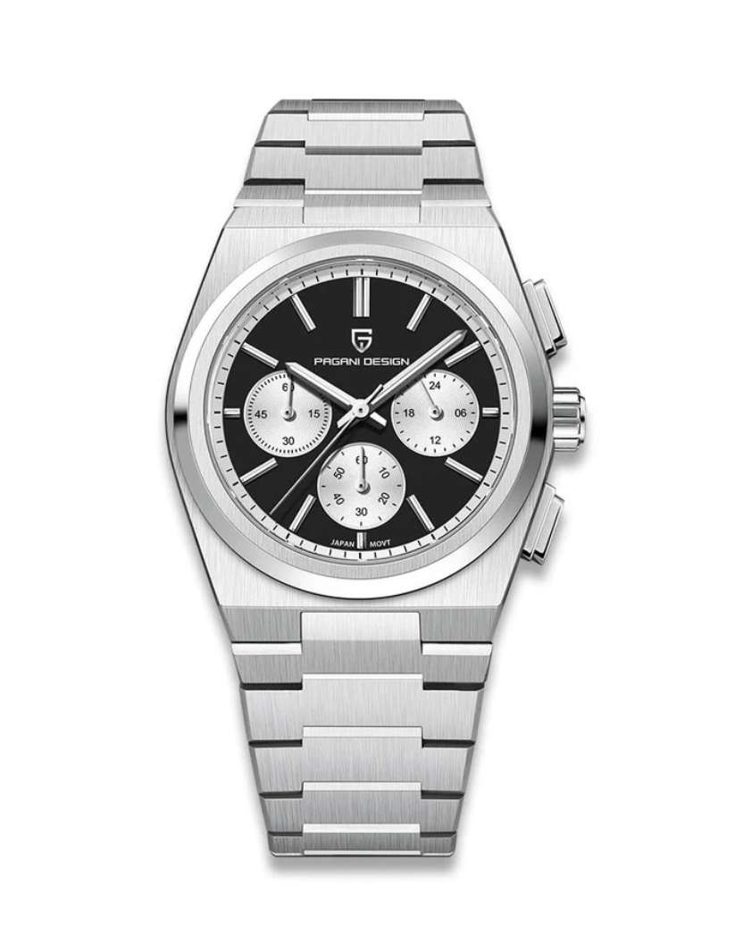 Pagani Design Silver Stainless Steel Black Dial Chronograph Quartz Watch for Gents - PD1761
