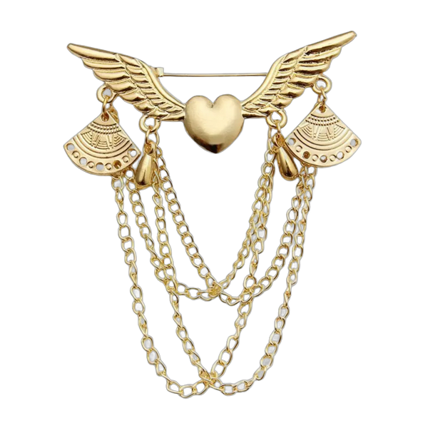 Golden Angel Wing & Heart Chain Brooch